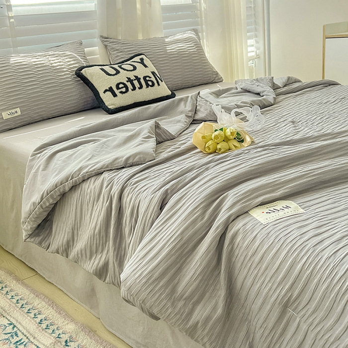 91家纺网 家纺一手货源 找家纺 暖芯优选 2023新款韩版泡泡纱水洗棉拼色床单夏被四件套 情调灰