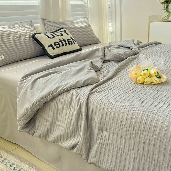 91家纺网 家纺一手货源 找家纺 暖芯优选 2023新款韩版泡泡纱水洗棉拼色床单夏被四件套 情调灰