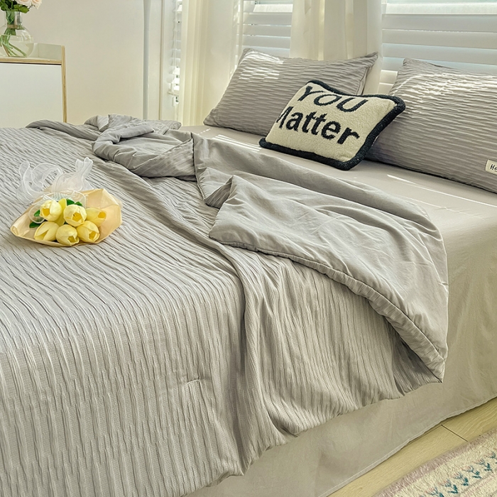 91家纺网 家纺一手货源 找家纺 暖芯优选 2023新款韩版泡泡纱水洗棉拼色床单夏被四件套 情调灰