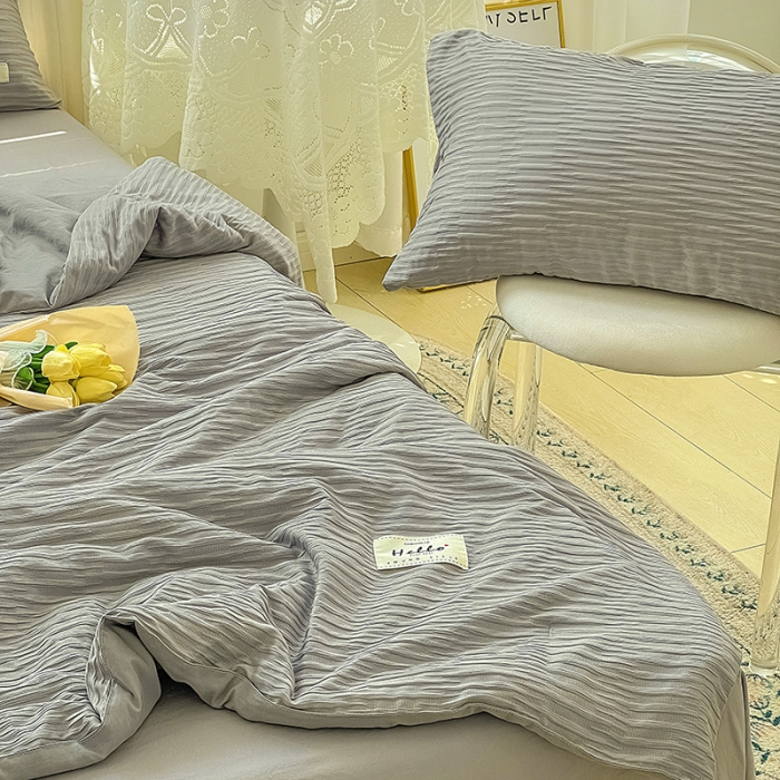 91家纺网 家纺一手货源 找家纺 暖芯优选 2023新款韩版泡泡纱水洗棉拼色床单夏被四件套 情调灰