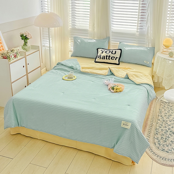 91家纺网 家纺一手货源 找家纺 暖芯优选 2023新款韩版泡泡纱水洗棉拼色床单夏被四件套 天蓝玉