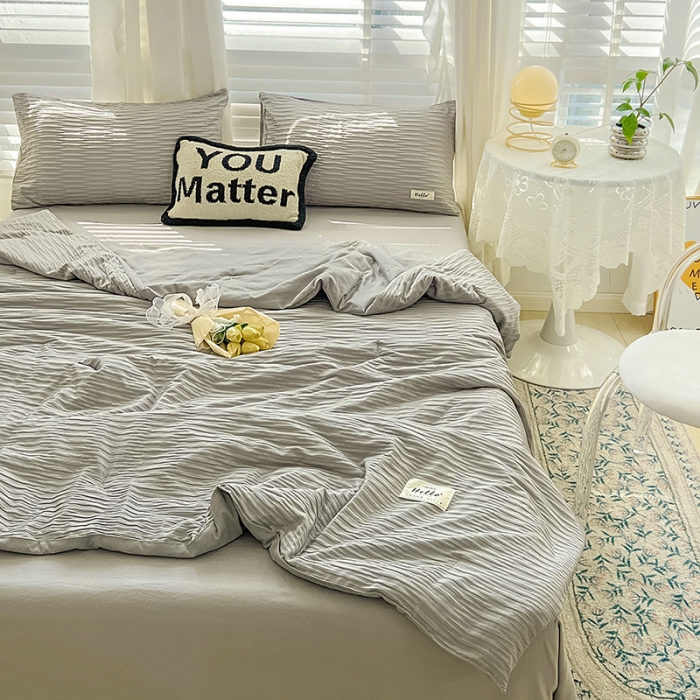 91家纺网 家纺一手货源 找家纺 暖芯优选 2023新款韩版泡泡纱水洗棉拼色床单夏被四件套 情调灰