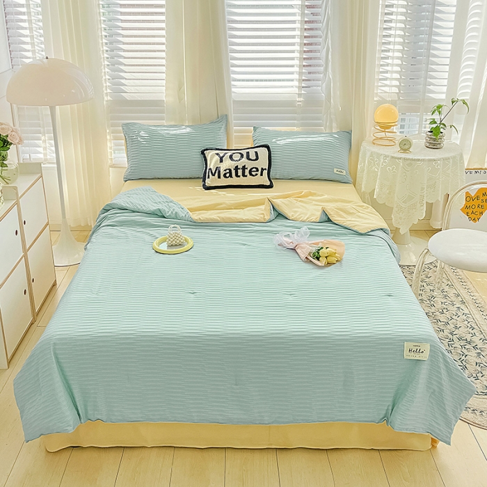 91家纺网 家纺一手货源 找家纺 暖芯优选 2023新款韩版泡泡纱水洗棉拼色床单夏被四件套 天蓝玉