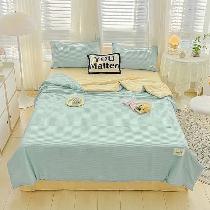 暖芯优选 2023新款韩版泡泡纱水洗棉拼色床单夏被四件套 天蓝玉