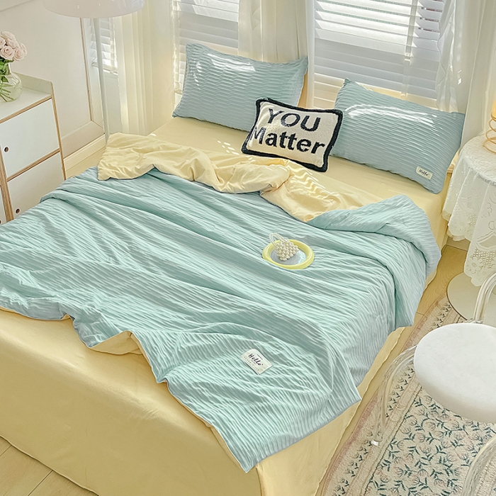 91家纺网 家纺一手货源 找家纺 暖芯优选 2023新款韩版泡泡纱水洗棉拼色床单夏被四件套 天蓝玉