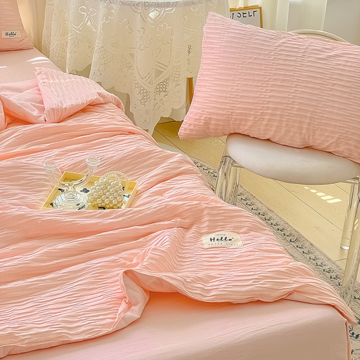 91家纺网 家纺一手货源 找家纺 暖芯优选 2023新款韩版泡泡纱水洗棉拼色床单夏被四件套 樱花粉