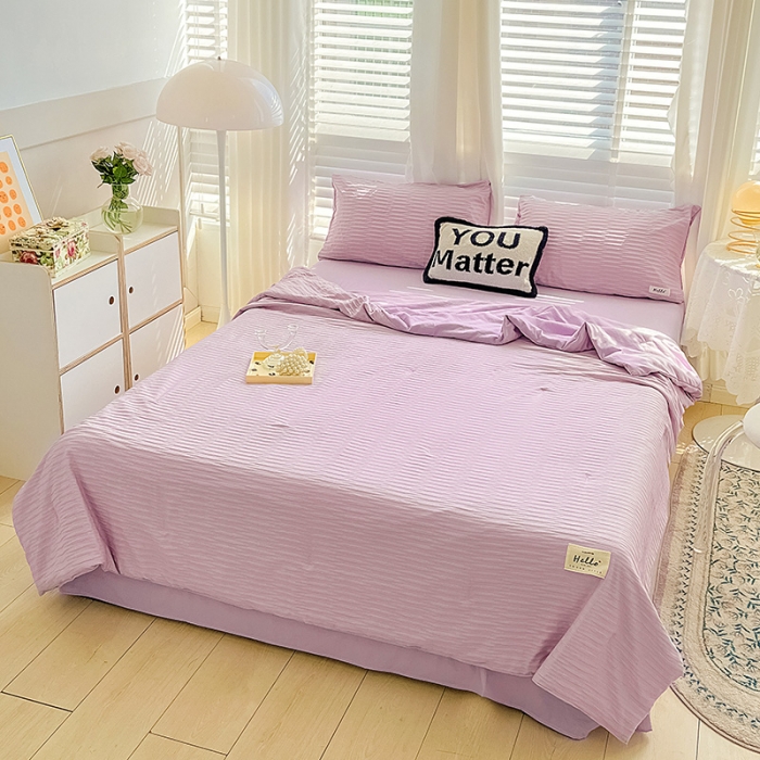 91家纺网 家纺一手货源 找家纺 暖芯优选 2023新款韩版泡泡纱水洗棉拼色床单夏被四件套 紫薯色