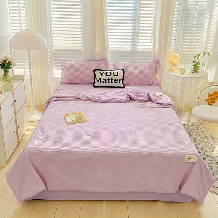 91家纺网 家纺一手货源 找家纺 暖芯优选 2023新款韩版泡泡纱水洗棉拼色床单夏被四件套 紫薯色