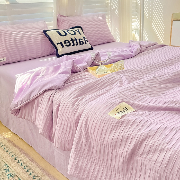 91家纺网 家纺一手货源 找家纺 暖芯优选 2023新款韩版泡泡纱水洗棉拼色床单夏被四件套 紫薯色