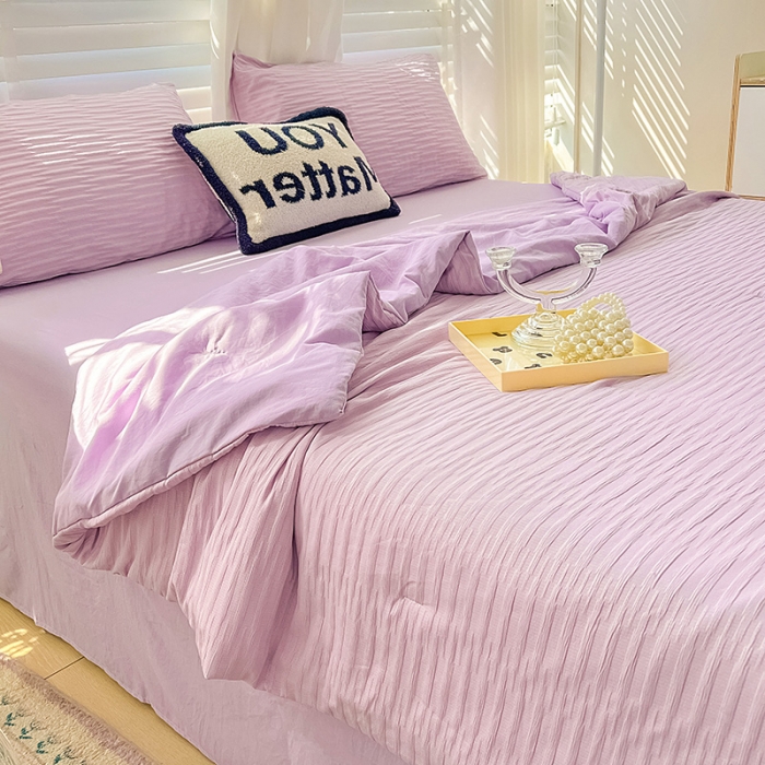 91家纺网 家纺一手货源 找家纺 暖芯优选 2023新款韩版泡泡纱水洗棉拼色床单夏被四件套 紫薯色