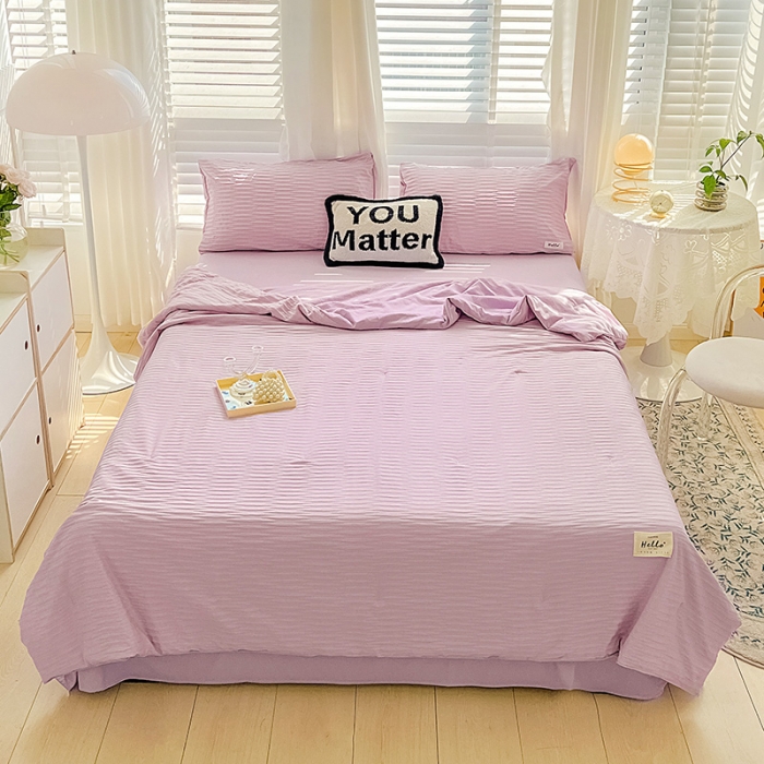 91家纺网 家纺一手货源 找家纺 暖芯优选 2023新款韩版泡泡纱水洗棉拼色床单夏被四件套 紫薯色