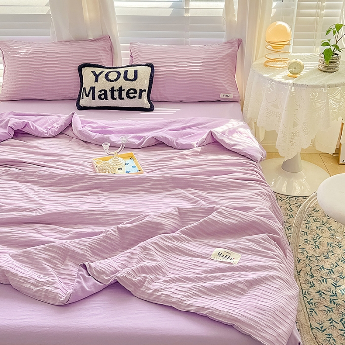 91家纺网 家纺一手货源 找家纺 暖芯优选 2023新款韩版泡泡纱水洗棉拼色床单夏被四件套 紫薯色