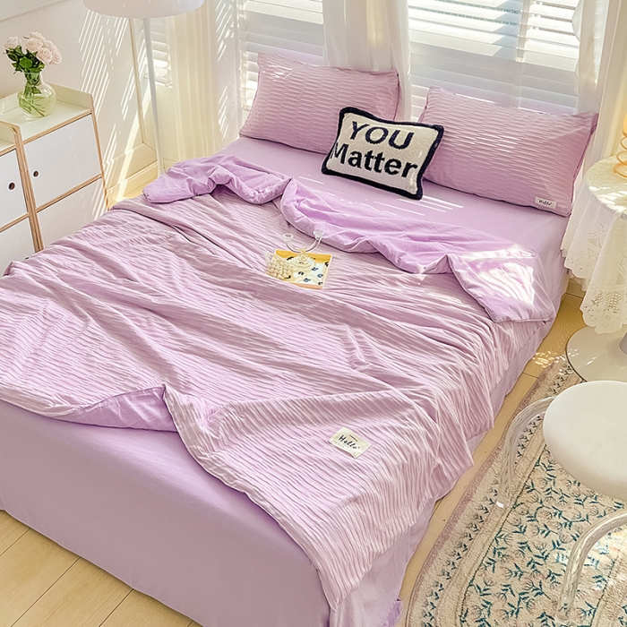 91家纺网 家纺一手货源 找家纺 暖芯优选 2023新款韩版泡泡纱水洗棉拼色床单夏被四件套 紫薯色