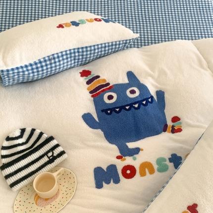 91家纺网 家纺一手货源 找家纺 桃子家居 2023新款A类高克重毛巾绣刺绣米粒美丽绒牛奶绒四件套 绒毛巾绣-小怪兽