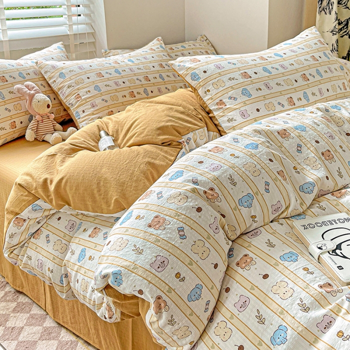 91家纺网 家纺一手货源 找家纺 暖芯优选2023新款超柔有氧小竺提花棉双层纱学生四件套 动物乐园