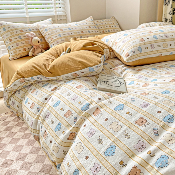 91家纺网 家纺一手货源 找家纺 暖芯优选2023新款超柔有氧小竺提花棉双层纱学生四件套 动物乐园