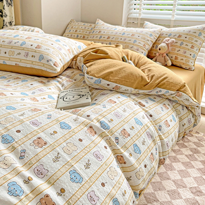 91家纺网 家纺一手货源 找家纺 暖芯优选2023新款超柔有氧小竺提花棉双层纱学生四件套 动物乐园