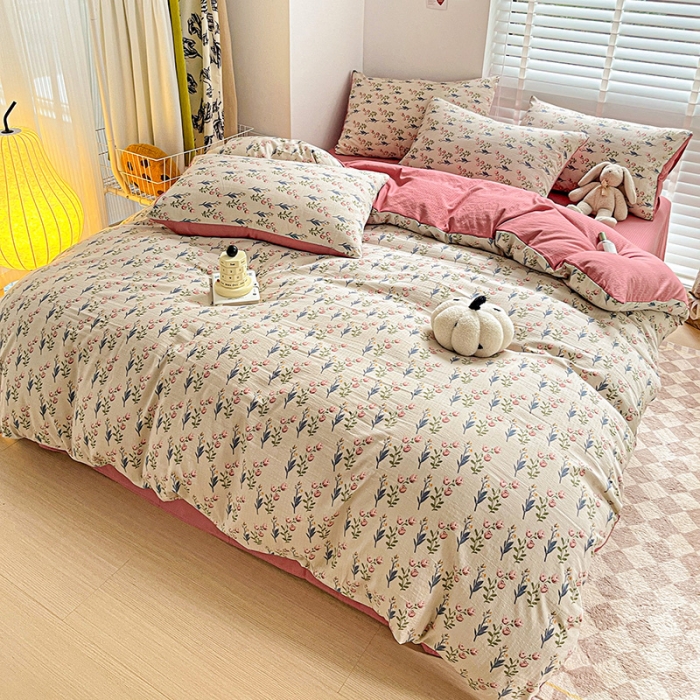 91家纺网 家纺一手货源 找家纺 暖芯优选2023新款超柔有氧小竺提花棉双层纱学生四件套 花漫