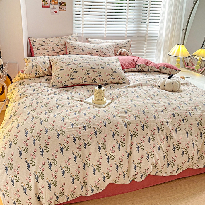 91家纺网 家纺一手货源 找家纺 暖芯优选2023新款超柔有氧小竺提花棉双层纱学生四件套 花漫