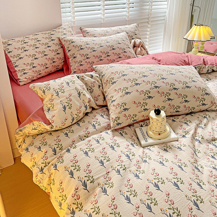 91家纺网 家纺一手货源 找家纺 暖芯优选2023新款超柔有氧小竺提花棉双层纱学生四件套 花漫