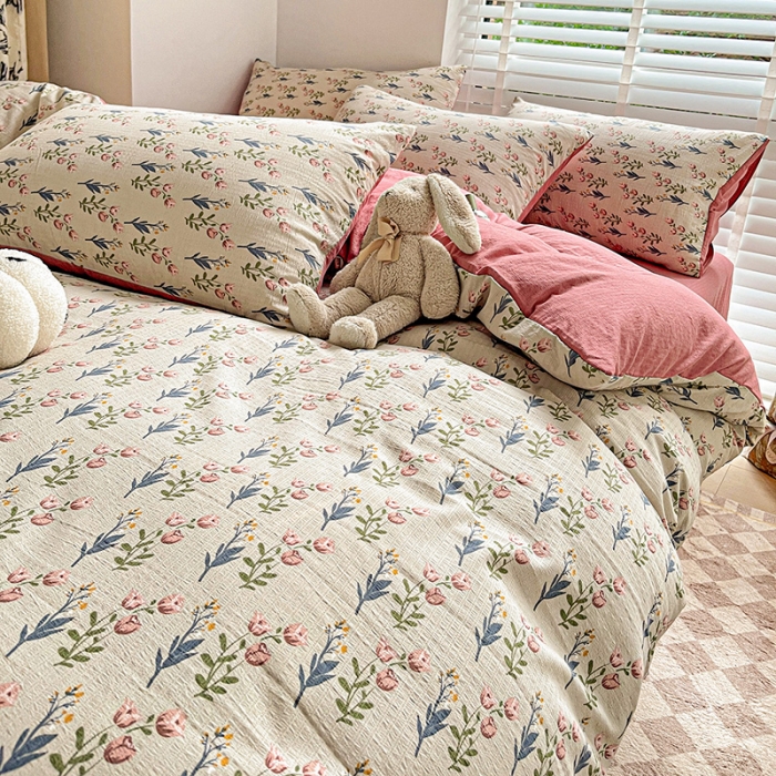 91家纺网 家纺一手货源 找家纺 暖芯优选2023新款超柔有氧小竺提花棉双层纱学生四件套 花漫