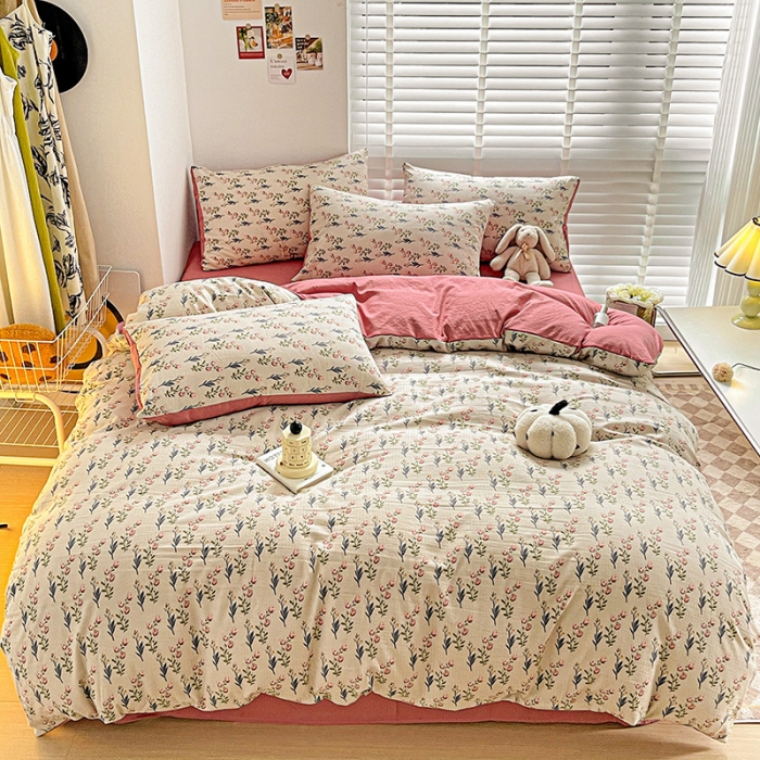 91家纺网 家纺一手货源 找家纺 暖芯优选2023新款超柔有氧小竺提花棉双层纱学生四件套 花漫