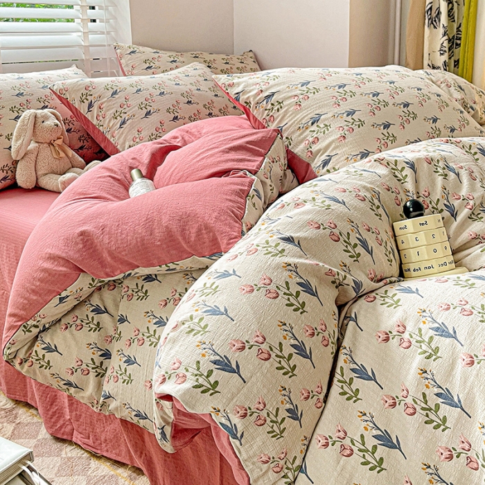 91家纺网 家纺一手货源 找家纺 暖芯优选2023新款超柔有氧小竺提花棉双层纱学生四件套 花漫