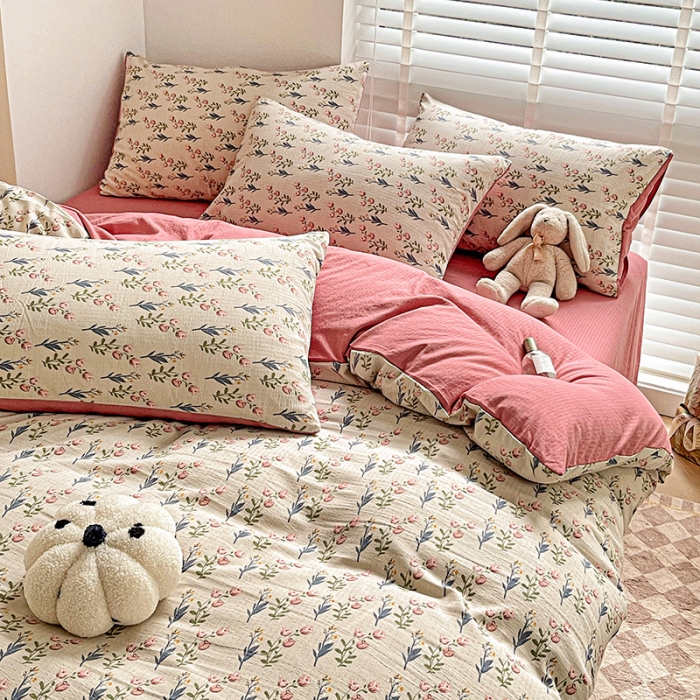 91家纺网 家纺一手货源 找家纺 暖芯优选2023新款超柔有氧小竺提花棉双层纱学生四件套 花漫