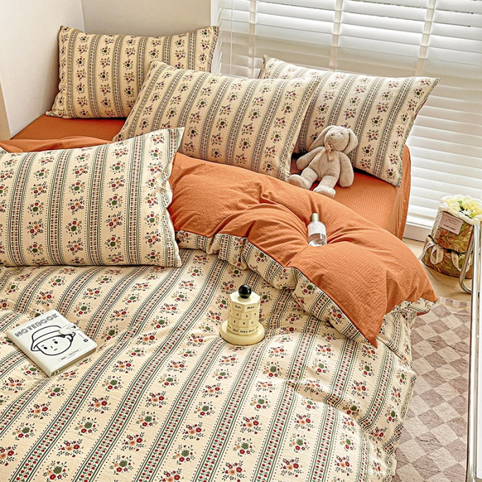 91家纺网 家纺一手货源 找家纺 暖芯优选2023新款超柔有氧小竺提花棉双层纱学生四件套 可可庄园