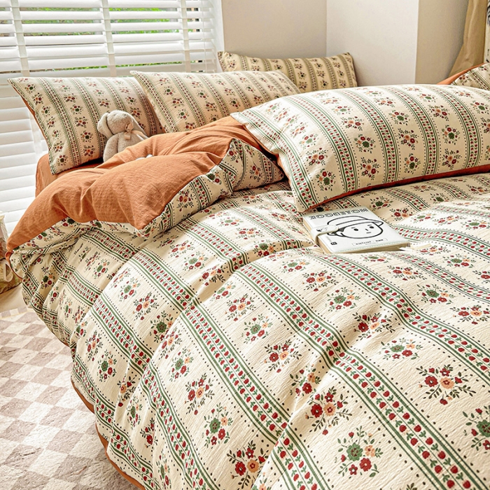 91家纺网 家纺一手货源 找家纺 暖芯优选2023新款超柔有氧小竺提花棉双层纱学生四件套 可可庄园