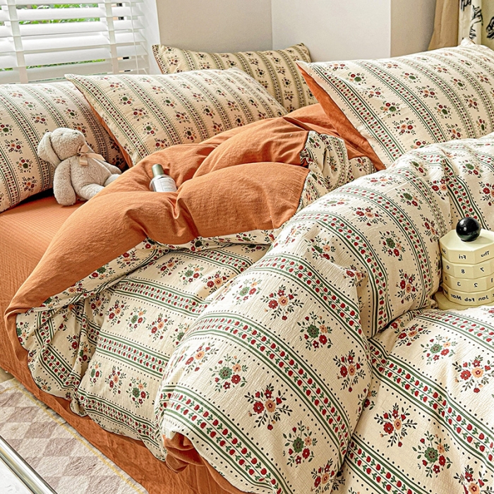 91家纺网 家纺一手货源 找家纺 暖芯优选2023新款超柔有氧小竺提花棉双层纱学生四件套 可可庄园