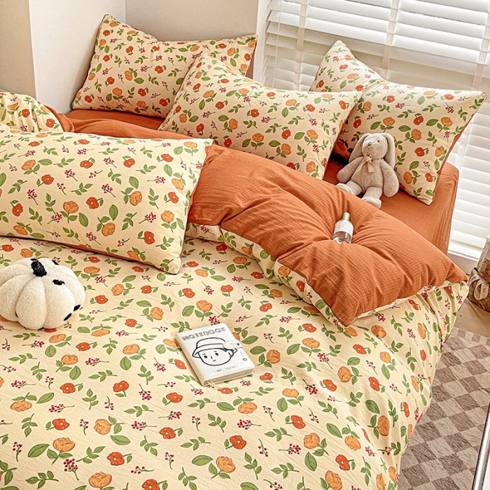 91家纺网 家纺一手货源 找家纺 暖芯优选2023新款超柔有氧小竺提花棉双层纱学生四件套 恋花