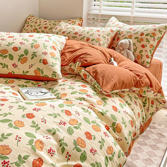 91家纺网 家纺一手货源 找家纺 暖芯优选2023新款超柔有氧小竺提花棉双层纱学生四件套 恋花