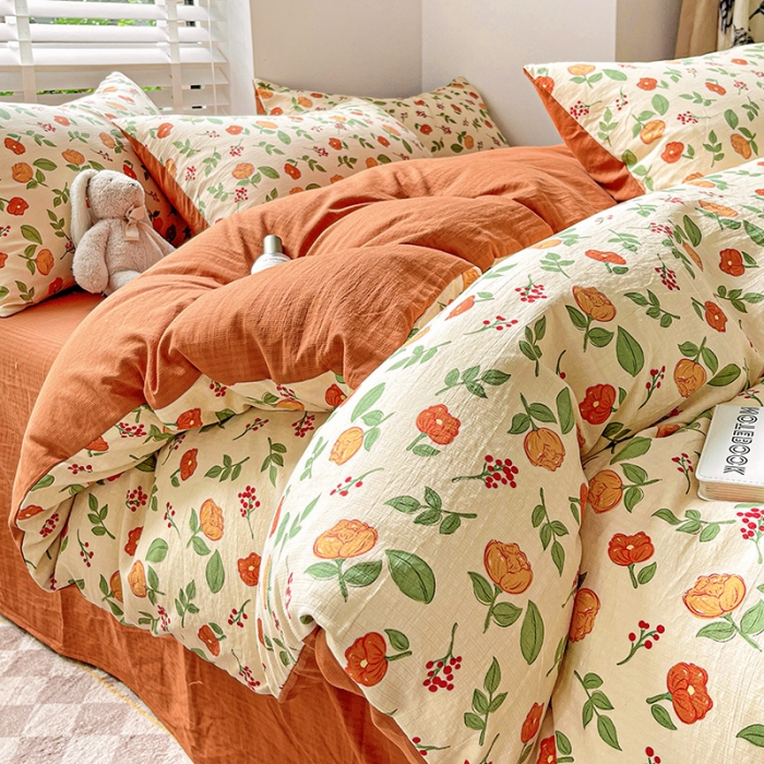 91家纺网 家纺一手货源 找家纺 暖芯优选2023新款超柔有氧小竺提花棉双层纱学生四件套 恋花