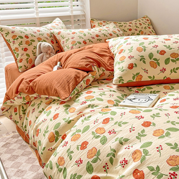 91家纺网 家纺一手货源 找家纺 暖芯优选2023新款超柔有氧小竺提花棉双层纱学生四件套 恋花