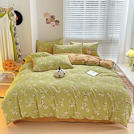 暖芯优选2023新款超柔有氧小竺提花棉双层纱学生四件套 绿萝