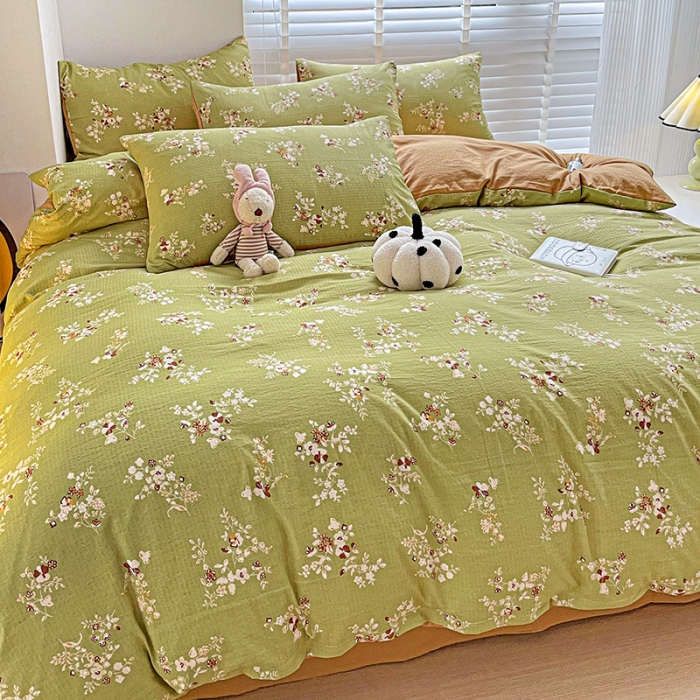 91家纺网 家纺一手货源 找家纺 暖芯优选2023新款超柔有氧小竺提花棉双层纱学生四件套 绿萝