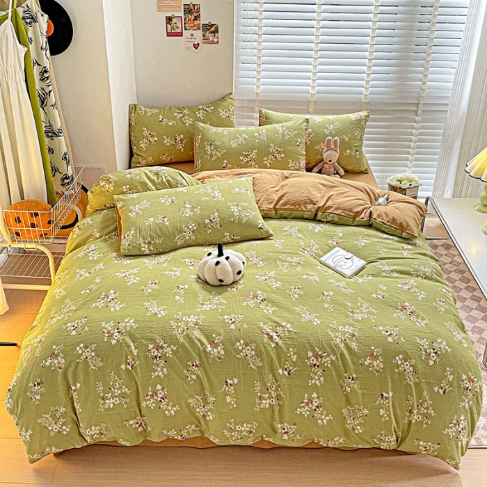 91家纺网 家纺一手货源 找家纺 暖芯优选2023新款超柔有氧小竺提花棉双层纱学生四件套 绿萝