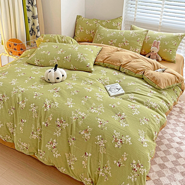 91家纺网 家纺一手货源 找家纺 暖芯优选2023新款超柔有氧小竺提花棉双层纱学生四件套 绿萝