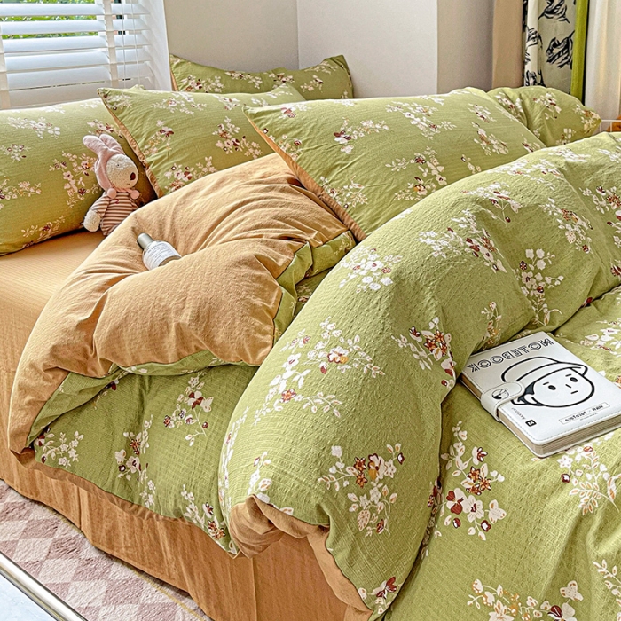 91家纺网 家纺一手货源 找家纺 暖芯优选2023新款超柔有氧小竺提花棉双层纱学生四件套 绿萝