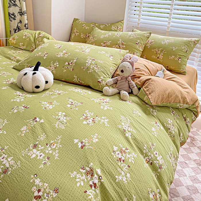 91家纺网 家纺一手货源 找家纺 暖芯优选2023新款超柔有氧小竺提花棉双层纱学生四件套 绿萝