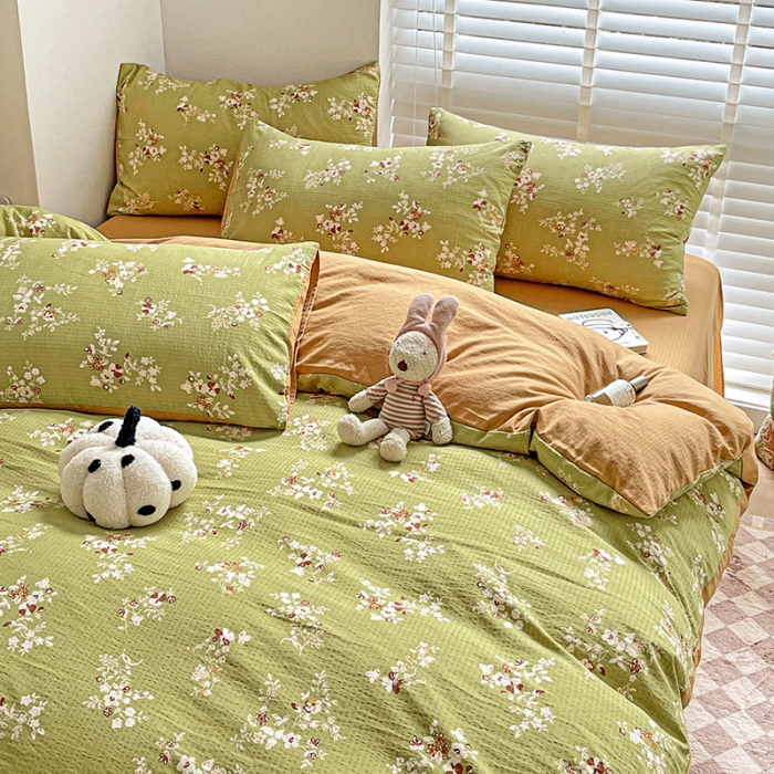 91家纺网 家纺一手货源 找家纺 暖芯优选2023新款超柔有氧小竺提花棉双层纱学生四件套 绿萝