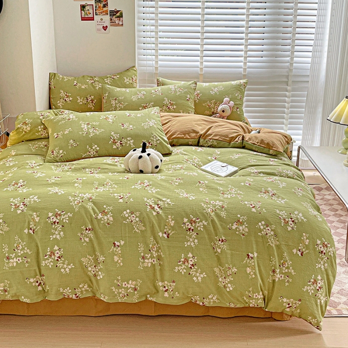 91家纺网 家纺一手货源 找家纺 暖芯优选2023新款超柔有氧小竺提花棉双层纱学生四件套 绿萝