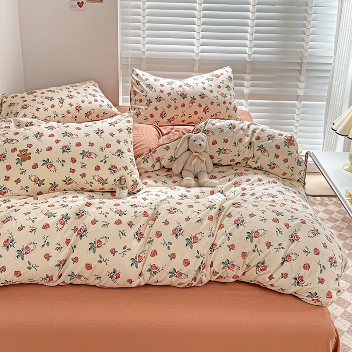 91家纺网 家纺一手货源 找家纺 暖芯优选2023新款超柔有氧小竺提花棉双层纱学生四件套 玫瑰小熊