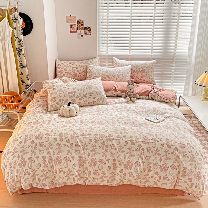 91家纺网 家纺一手货源 找家纺 暖芯优选2023新款超柔有氧小竺提花棉双层纱学生四件套 蘑菇森林