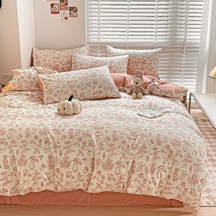 91家纺网 家纺一手货源 找家纺 暖芯优选2023新款超柔有氧小竺提花棉双层纱学生四件套 蘑菇森林