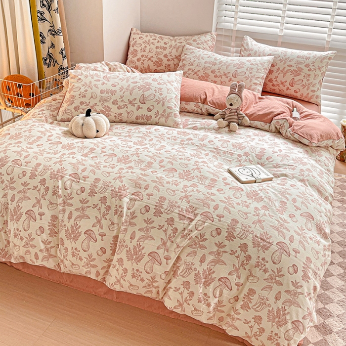 91家纺网 家纺一手货源 找家纺 暖芯优选2023新款超柔有氧小竺提花棉双层纱学生四件套 蘑菇森林