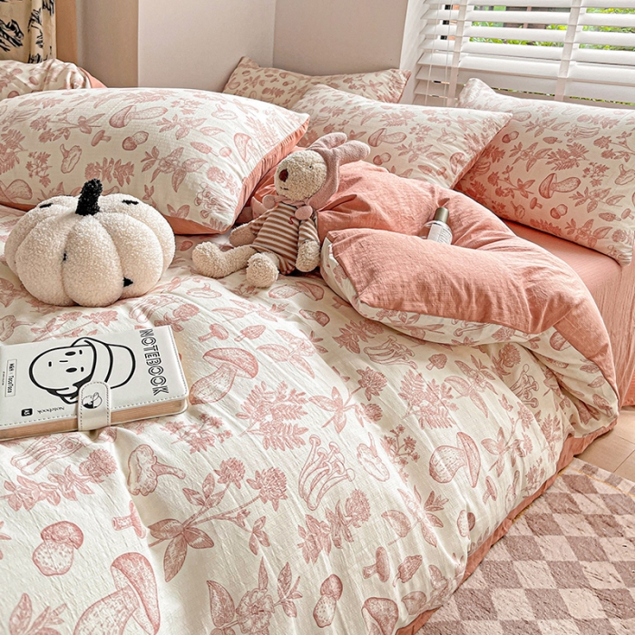 91家纺网 家纺一手货源 找家纺 暖芯优选2023新款超柔有氧小竺提花棉双层纱学生四件套 蘑菇森林
