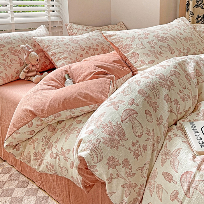 91家纺网 家纺一手货源 找家纺 暖芯优选2023新款超柔有氧小竺提花棉双层纱学生四件套 蘑菇森林