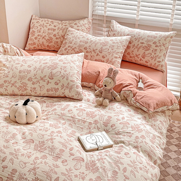 91家纺网 家纺一手货源 找家纺 暖芯优选2023新款超柔有氧小竺提花棉双层纱学生四件套 蘑菇森林